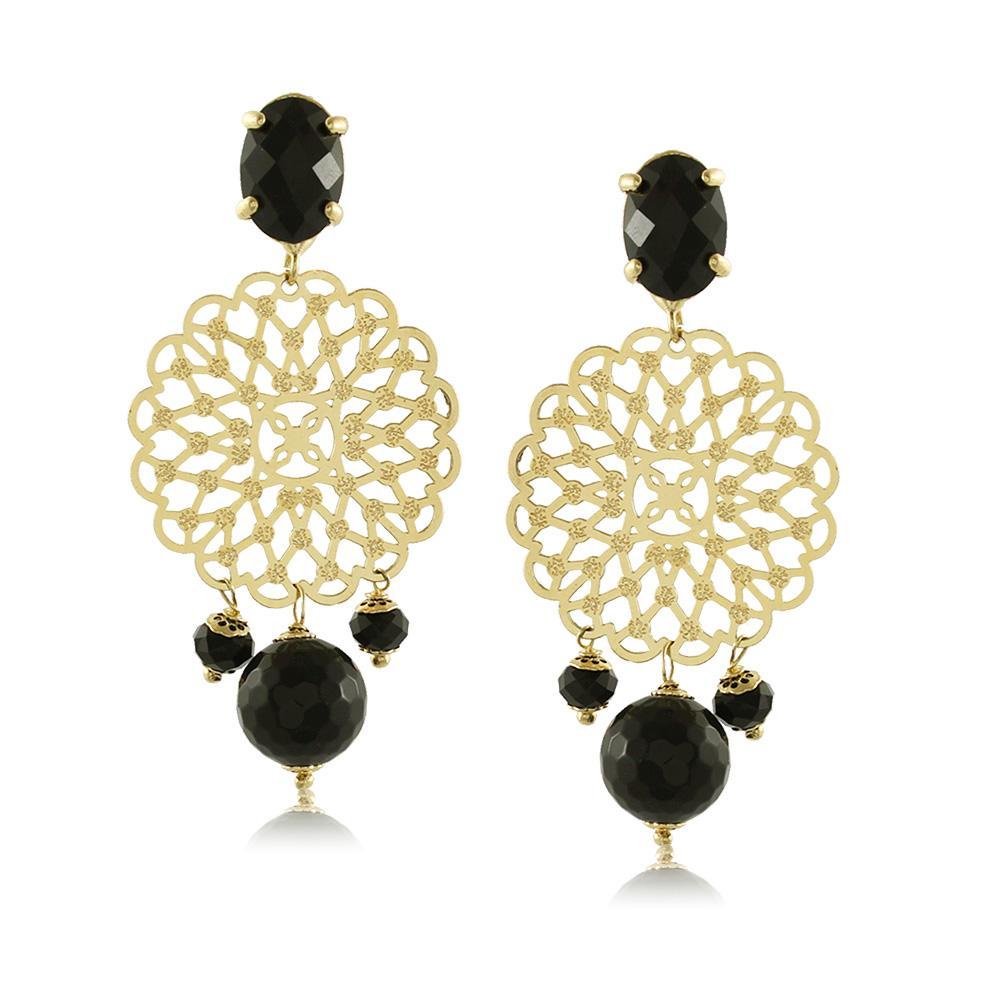 Tarnish Resistant, Nickel free and Hypoallergenic for Sensitive skin, Apparel and Accessories, Jewelry, Earrings Lace Circle Drop Black Spheres Earring Finished in 18K Yellow Gold Women Jewelry 10422R