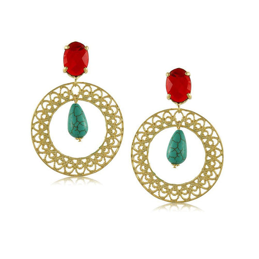 Tarnish Resistant, Nickel free and Hypoallergenic for Sensitive skin, Apparel and Accessories, Jewelry, Earrings Ruby Circle Dangle Turquoise Eardrop Earring Finished in 18K Yellow Gold Women Jewelry 10634R