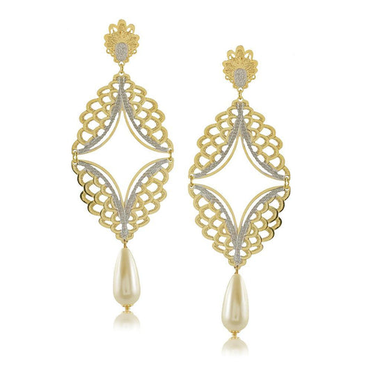 Tarnish Resistant, Nickel free and Hypoallergenic for Sensitive skin, Apparel and Accessories, Jewelry, Earrings 2 Tone Lace Drop Pearls Earring Finished in 18K Yellow Gold Women Jewelry 11786R