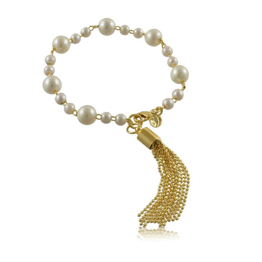 Tarnish Resistant, Nickel free and Hypoallergenic for Sensitive skin, Apparel and Accessories, Jewelry, Bracelets Pearl and Ball Chain Tassel Bracelet Finished in 18K Yellow Gold Women Jewelry 40123R