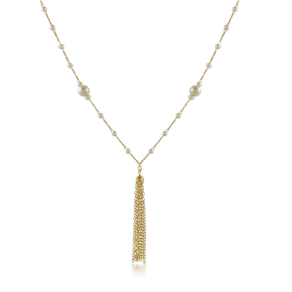 Tarnish Resistant, Nickel free and Hypoallergenic for Sensitive skin, Apparel and Accessories, Jewelry, Necklaces Pearl and Ball Chain Tassel Necklace Finished in 18K Yellow Gold Women Jewelry 46079