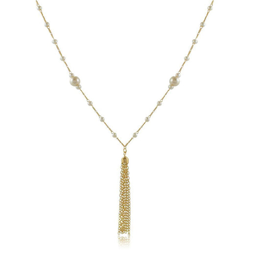 Tarnish Resistant, Nickel free and Hypoallergenic for Sensitive skin, Apparel and Accessories, Jewelry, Necklaces Pearl and Ball Chain Tassel Necklace Finished in 18K Yellow Gold Women Jewelry 46079