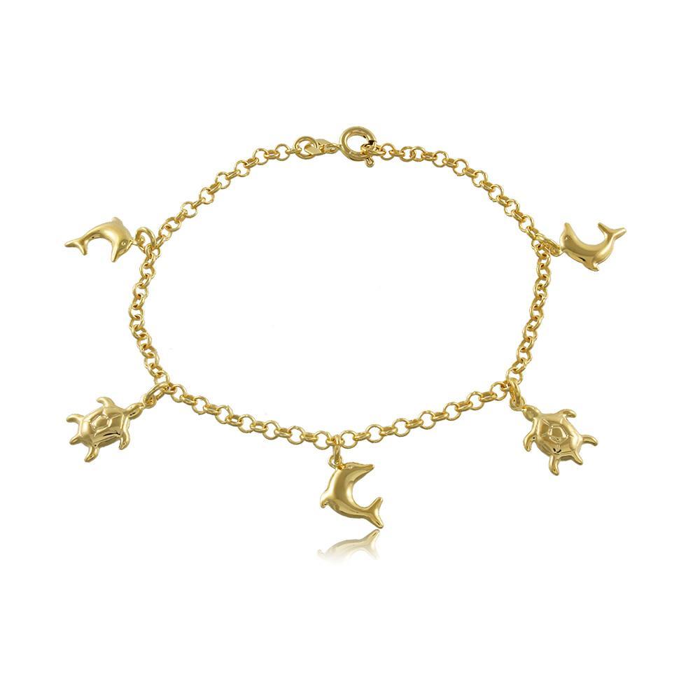 Tarnish Resistant, Nickel free and Hypoallergenic for Sensitive skin, Apparel and Accessories, Jewelry, Bracelets Dainty Turtle and Dauphin Charms Bracelet Finished in 18K Yellow Gold Women Jewelry 56090