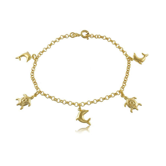 Tarnish Resistant, Nickel free and Hypoallergenic for Sensitive skin, Apparel and Accessories, Jewelry, Bracelets Dainty Turtle and Dauphin Charms Bracelet Finished in 18K Yellow Gold Women Jewelry 56090