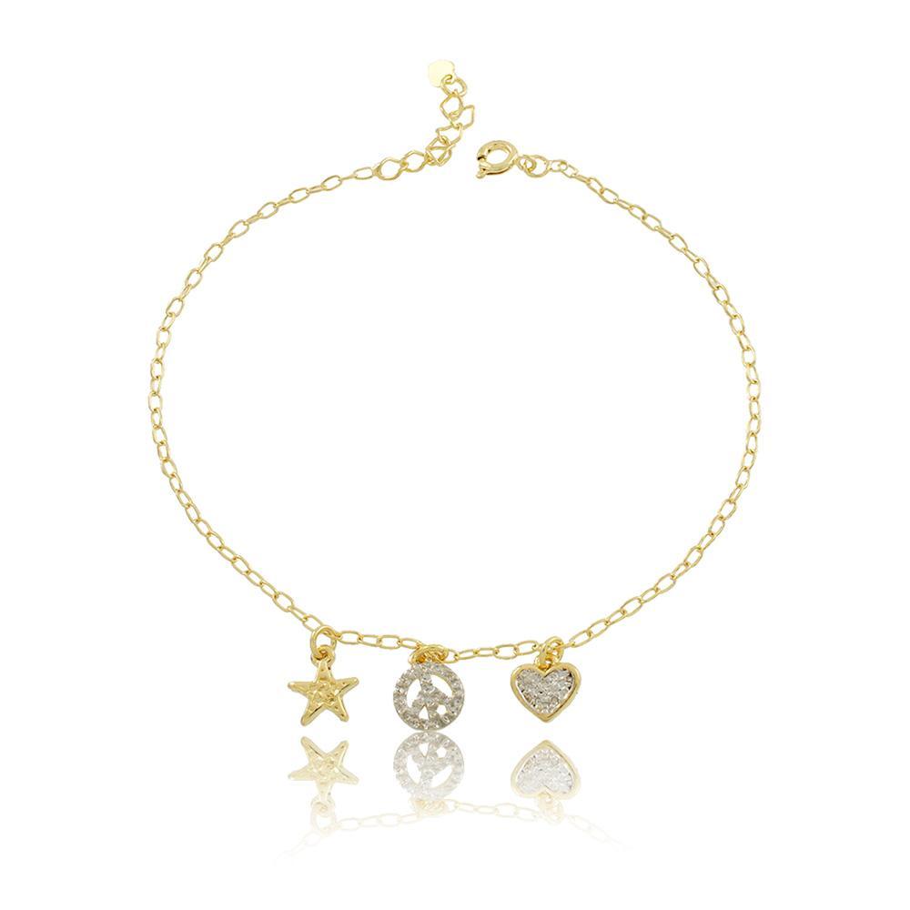 Tarnish Resistant, Nickel free and Hypoallergenic for Sensitive skin, Apparel and Accessories, Jewelry, Anklets 2 Tone Heart, Star and Peace Charm Anklet Finished in 18K Yellow Gold Women Jewelry 58008