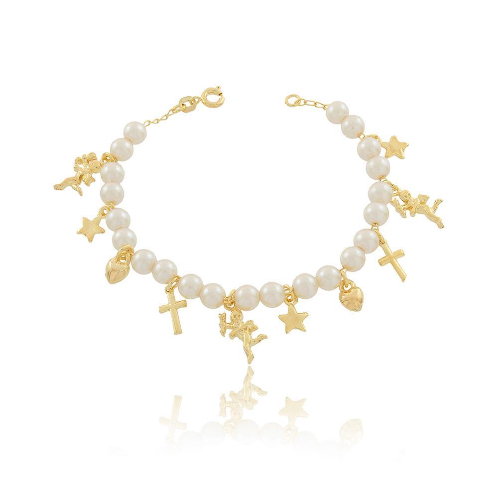 Tarnish Resistant, Nickel free and Hypoallergenic for Sensitive skin, Apparel and Accessories, Jewelry, Bracelets Star, Heart, Cross and Angel Charms Bracelet Finished in 18K Yellow Gold Women Jewelry 86039