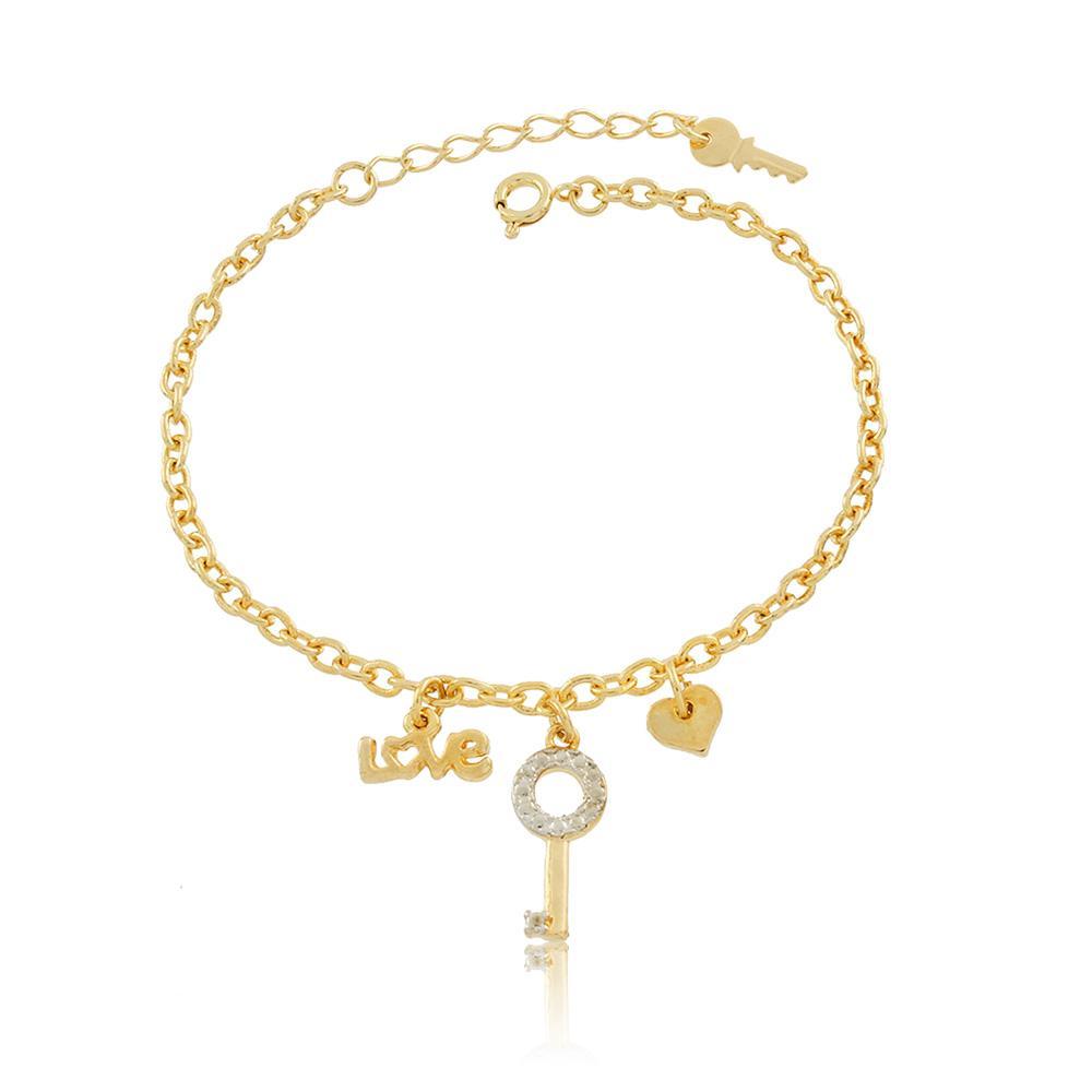 Tarnish Resistant, Nickel free and Hypoallergenic for Sensitive skin, Apparel and Accessories, Jewelry, Bracelets 2 Tone Key, Love and Heart Charms Bracelet Finished in 18K Yellow Gold Women Jewelry 86050