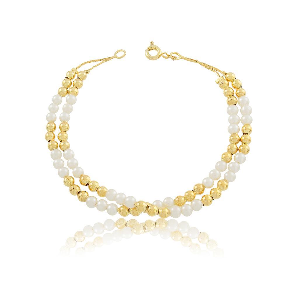 Tarnish Resistant, Nickel free and Hypoallergenic for Sensitive skin, Apparel and Accessories, Jewelry, Bracelets 2 Layers Pearl and Sphere Bracelet Finished in 18K Yellow Gold Women Jewelry 86067