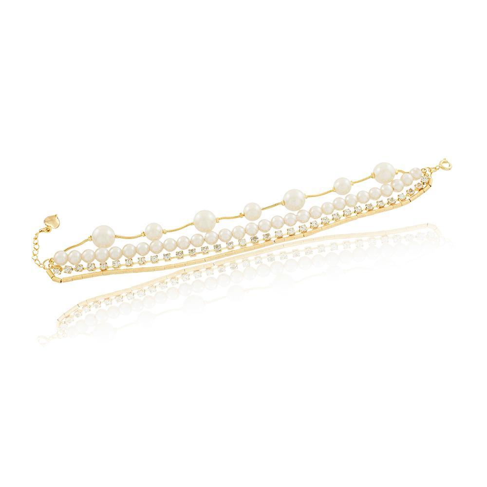 Tarnish Resistant, Nickel free and Hypoallergenic for Sensitive skin, Apparel and Accessories, Jewelry, Bracelets 4 Layers Pearls, Spheres and Crystals Bracelet Finished in 18K Yellow Gold Women Jewelry 86069